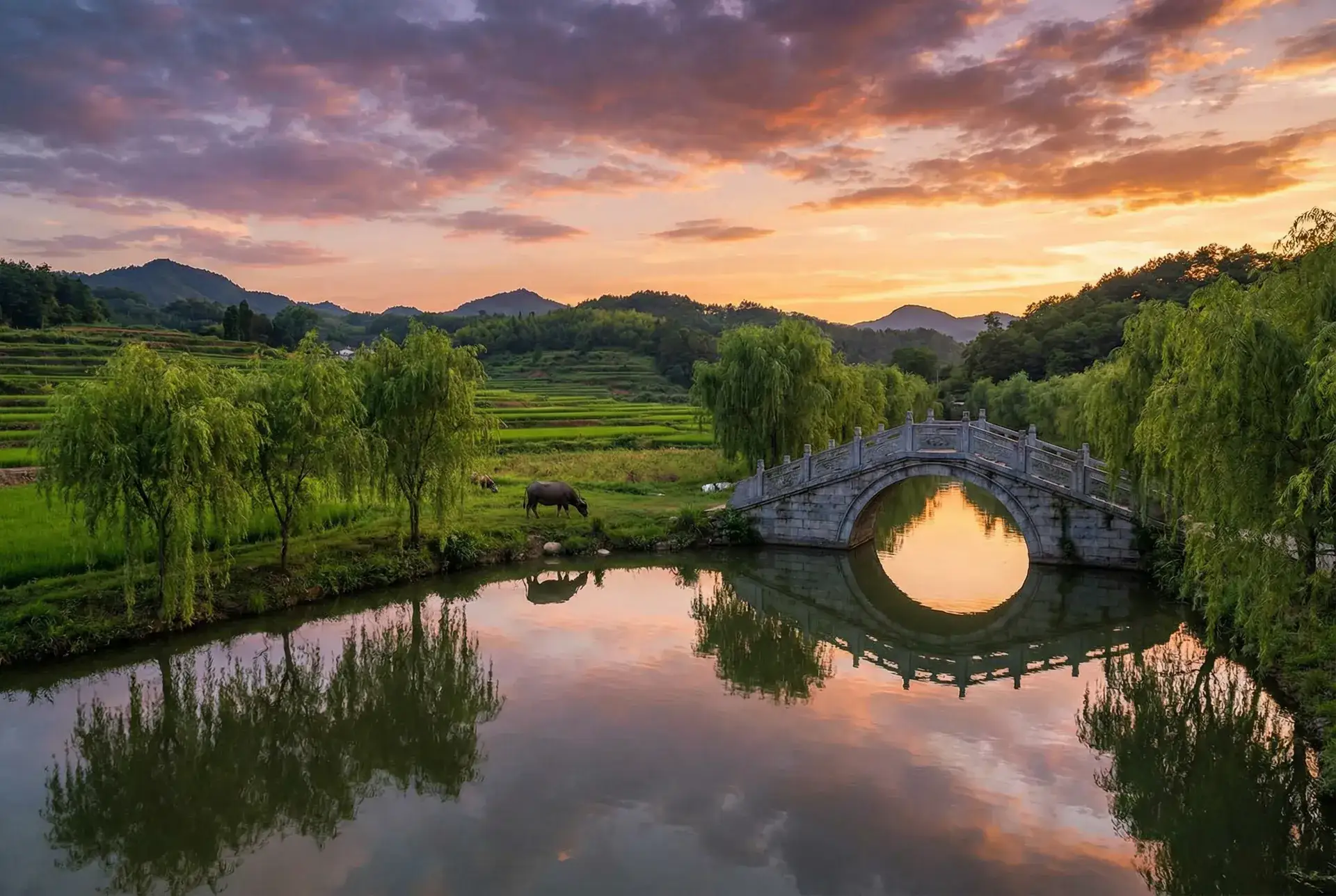 夕阳下的石拱桥与垂柳，水牛在河边吃草 - 无限动漫在线观看高清完整版 乡村美景